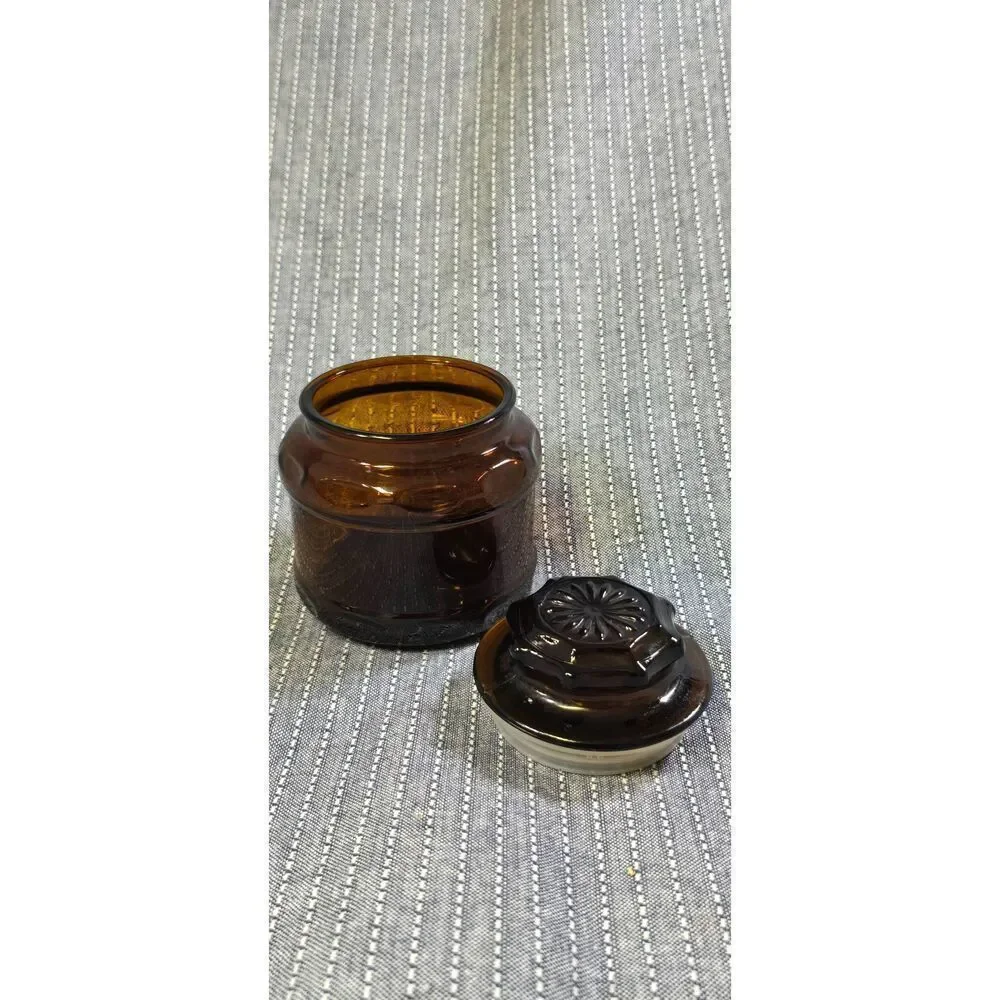 VTG Cremora 1970's Dark Amber Brown Glass Apothecary Jar - Starburst Lid - 4 in